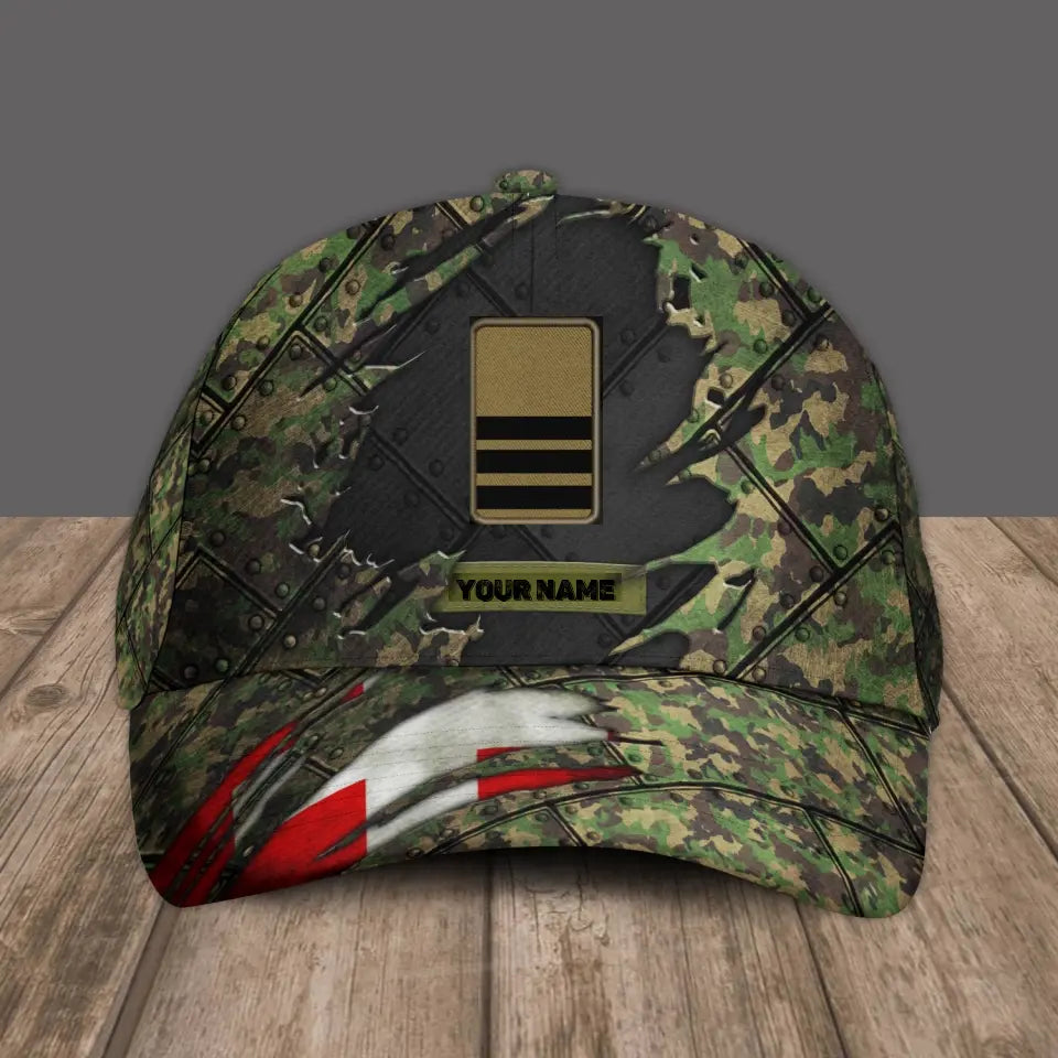 Personalized Name And Rank Swiss Camo Baseball Cap Soldier/Veteran - 1805230003