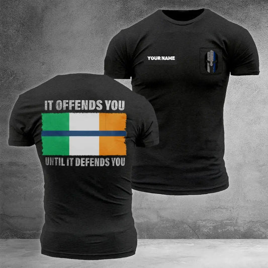 Personalized Irish Thin Blue Line T-Shirt It Offends You Until It Defends You Spartan Shirt