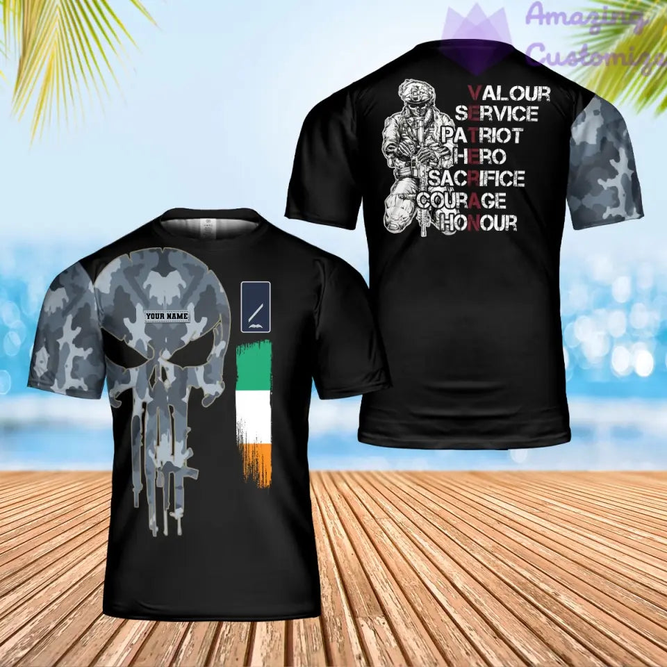 T-shirt personnalisé avec camouflage soldat/vétéran irlandais avec nom et grade imprimé en 3D - 0202240001