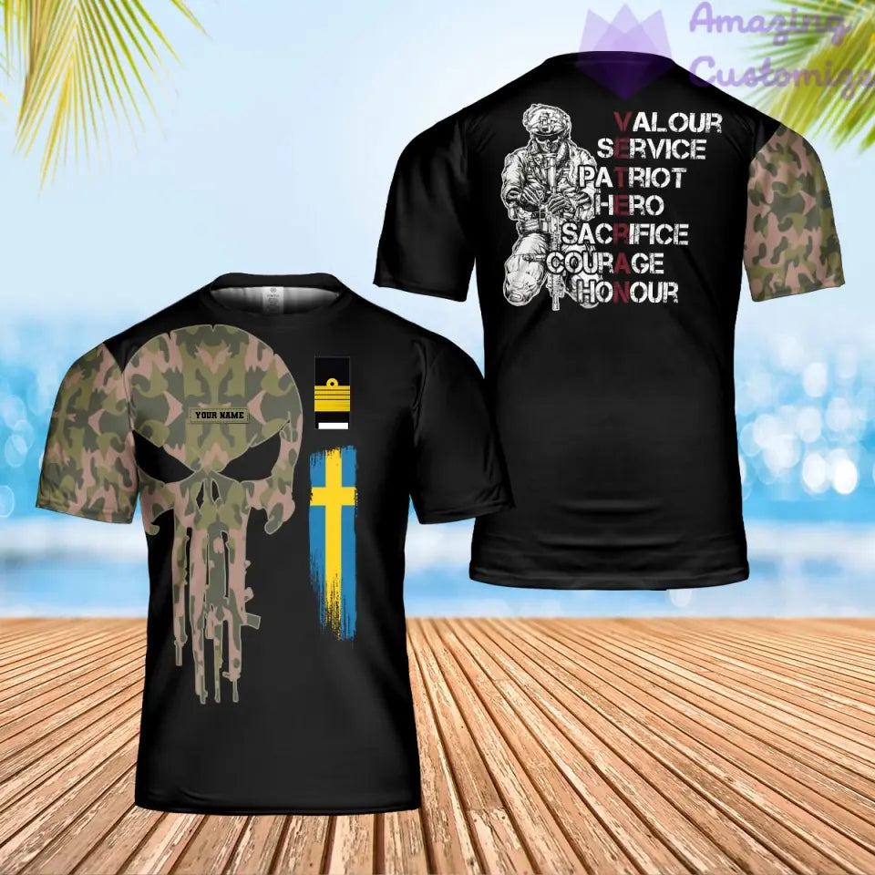 Personalisiertes schwedisches Soldat/Veteranen-Tarn-T-Shirt mit Namen und Rang, 3D-Druck – 0202240001