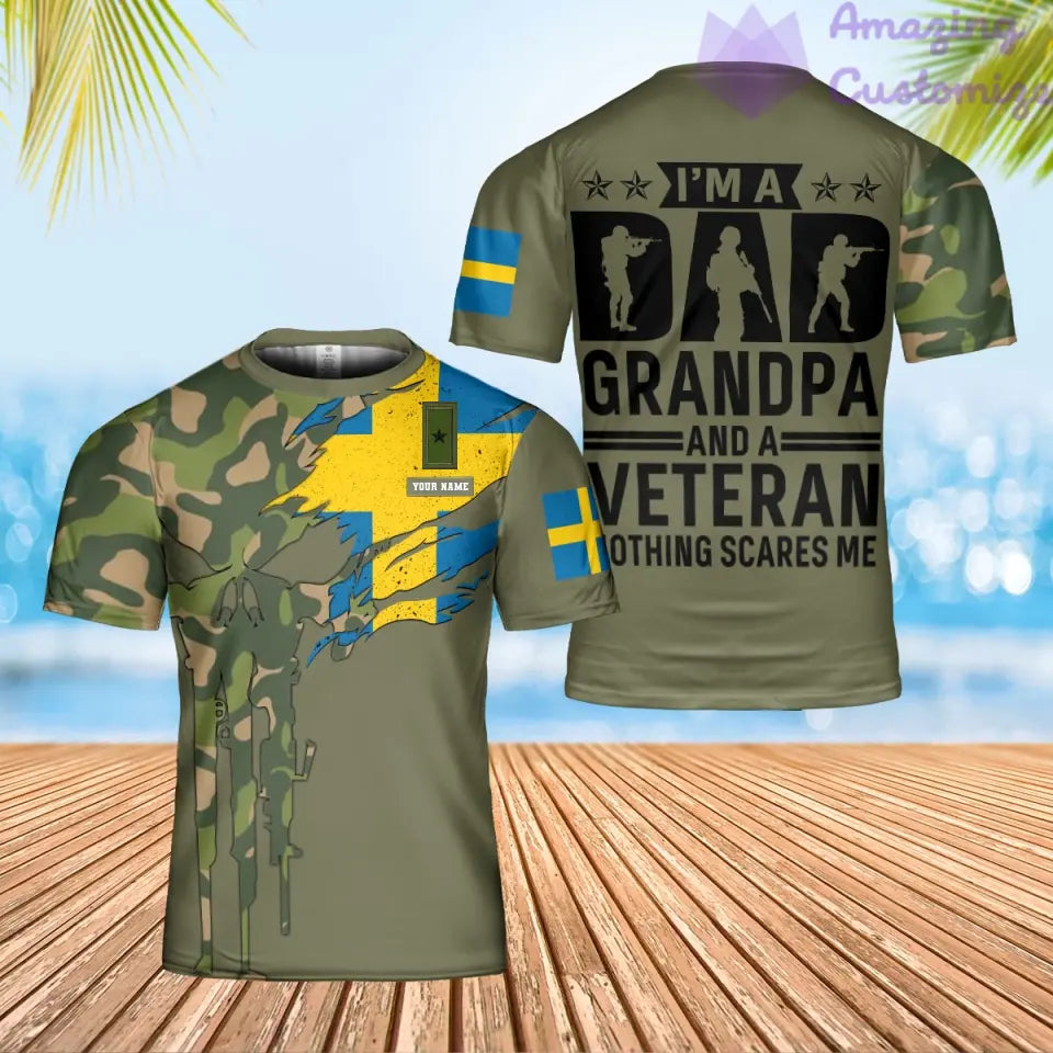 Personalisiertes T-Shirt mit schwedischem Soldaten-/Veteranen-Tarnmuster mit Namen und Rang, 3D-Druck – 0202240003