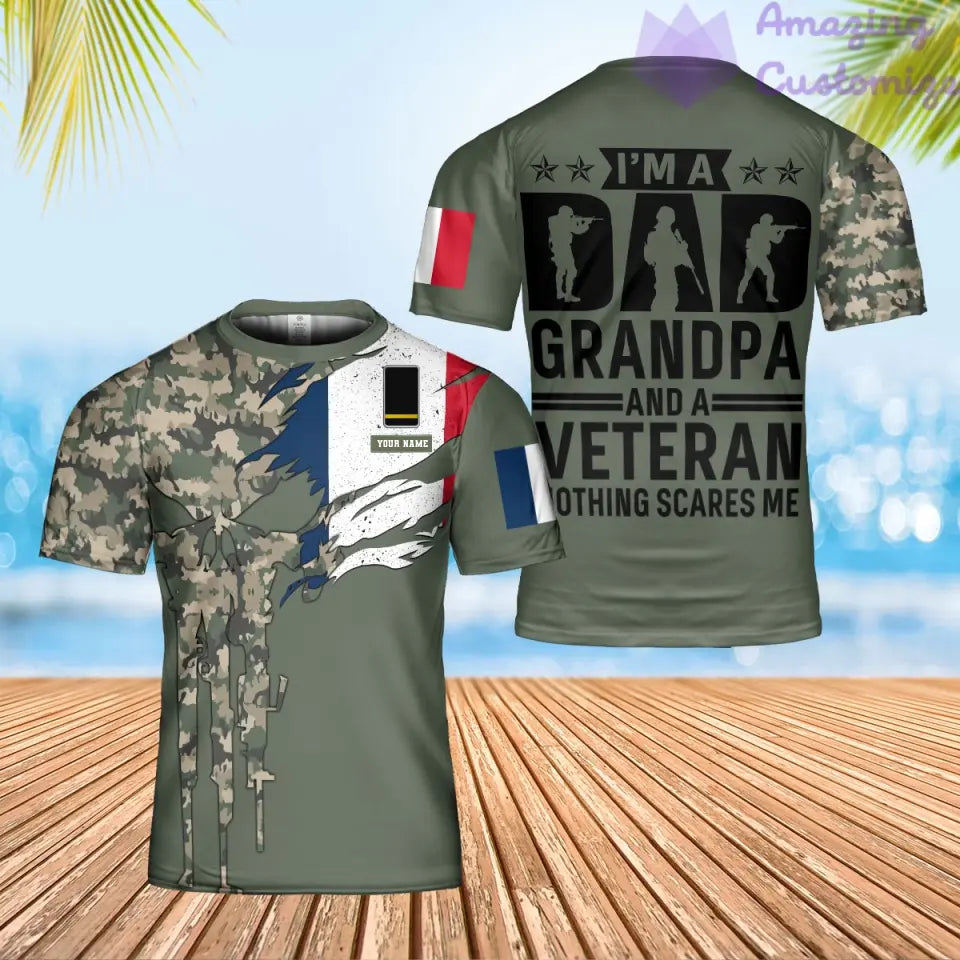 T-shirt personnalisé avec camouflage soldat/vétéran de la France avec nom et grade imprimé en 3D - 2001240001