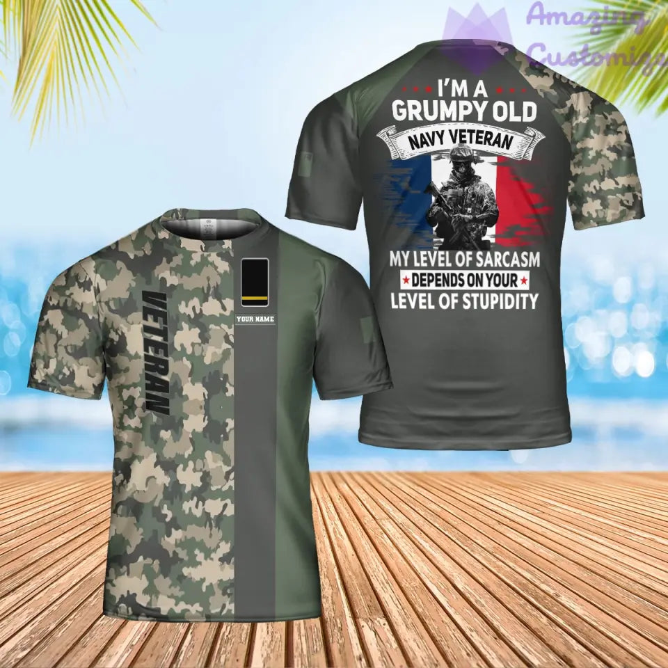 T-shirt personnalisé avec camouflage soldat/vétéran de la France avec nom et grade imprimé en 3D - 1901240004