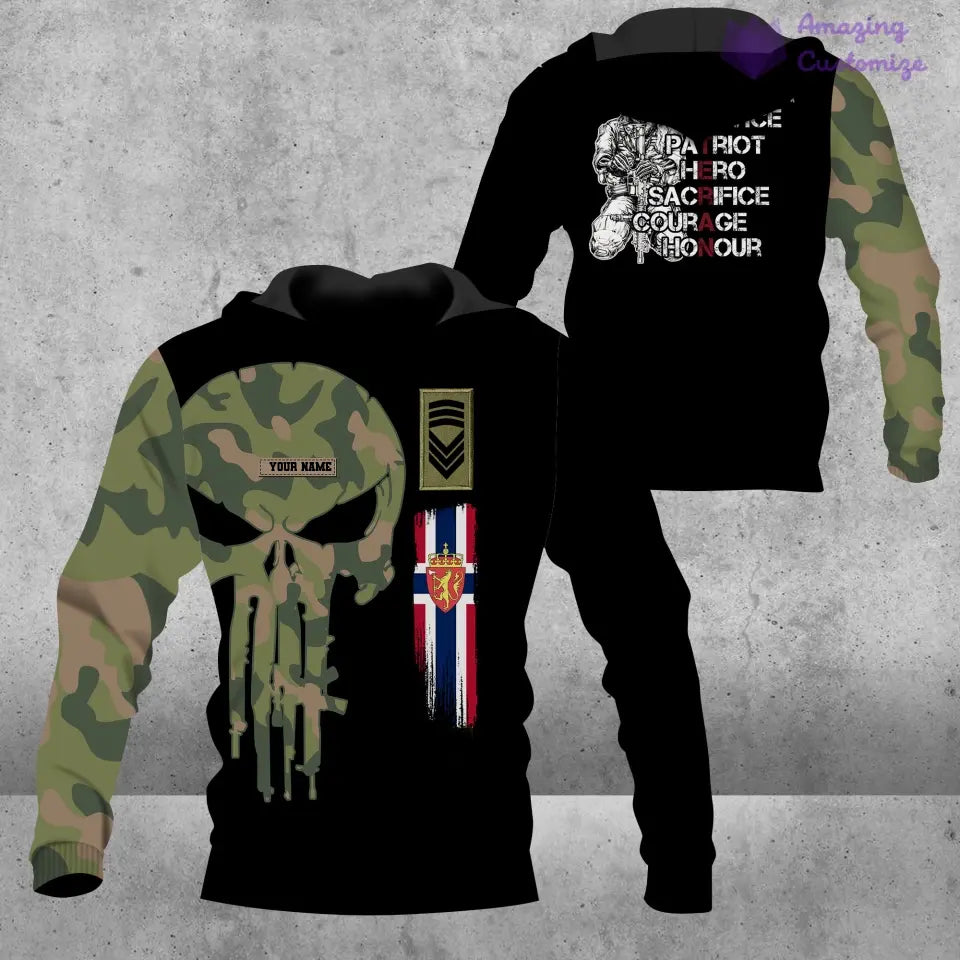 Personalisierter Kapuzenpullover mit Camouflage-Muster für norwegische Soldaten/Veteranen mit Namen und Rang – 1207230001