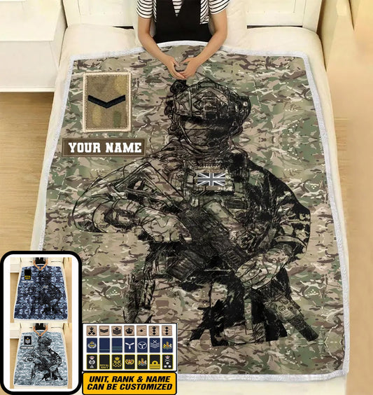 Personalized UK Solider/ Veteran Camo With Name And Rank Fleece Blanket 3D Printed - 0608230001