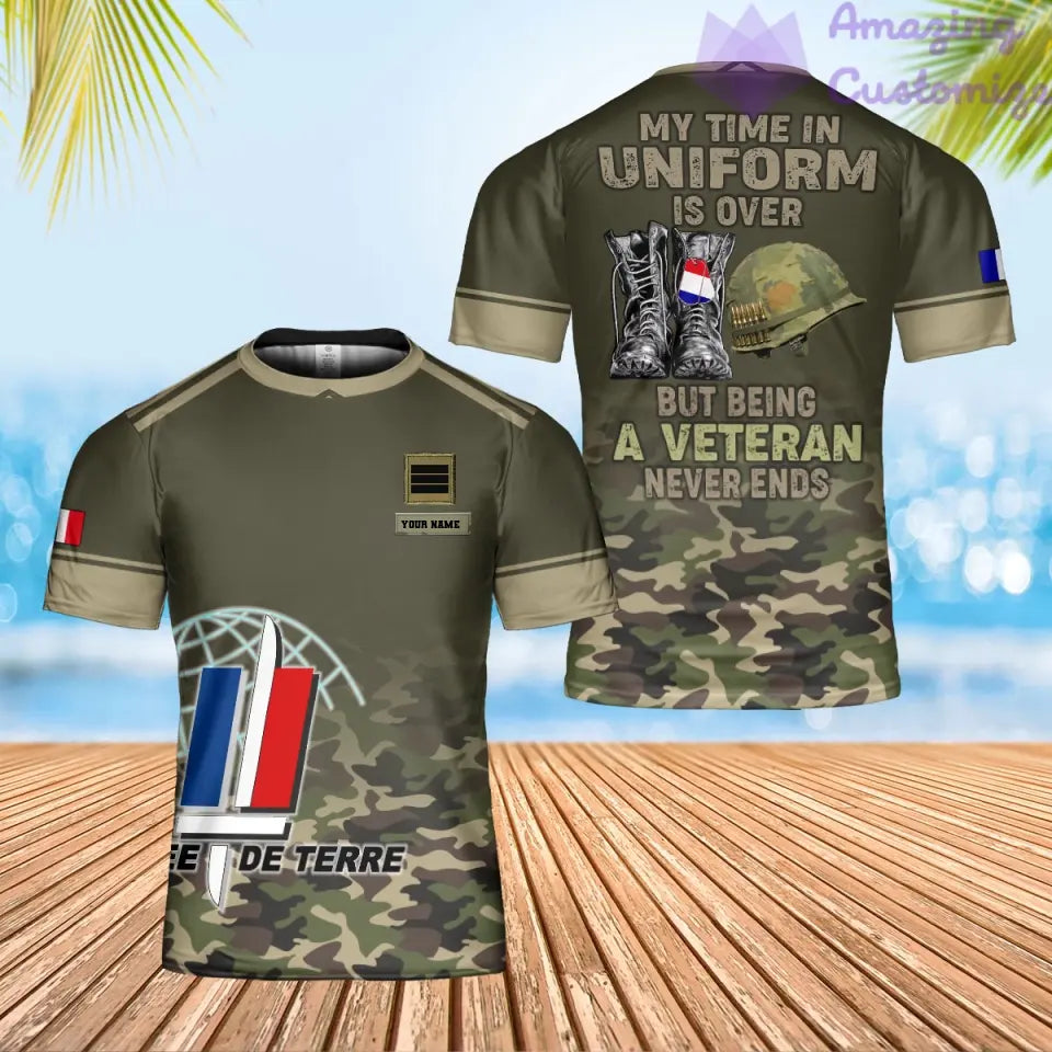 Personalisiertes T-Shirt mit französischem Soldaten-/Veteranen-Tarnmuster mit Namen und Rang, 3D-Druck – 1901240002