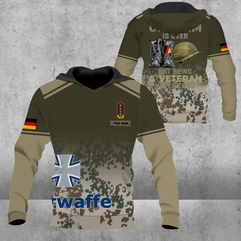 Sweat à capuche personnalisé avec camouflage soldat/vétéran allemand avec nom et grade imprimé en 3D - 1508230001