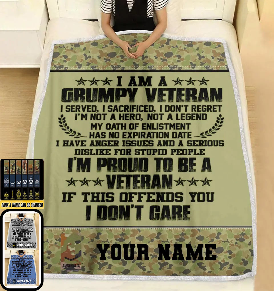 Personalisierte Fleecedecke für australische Soldaten/Veteranen im Camouflage-Muster mit Namen und Rang, 3D-Druck – 2508230001