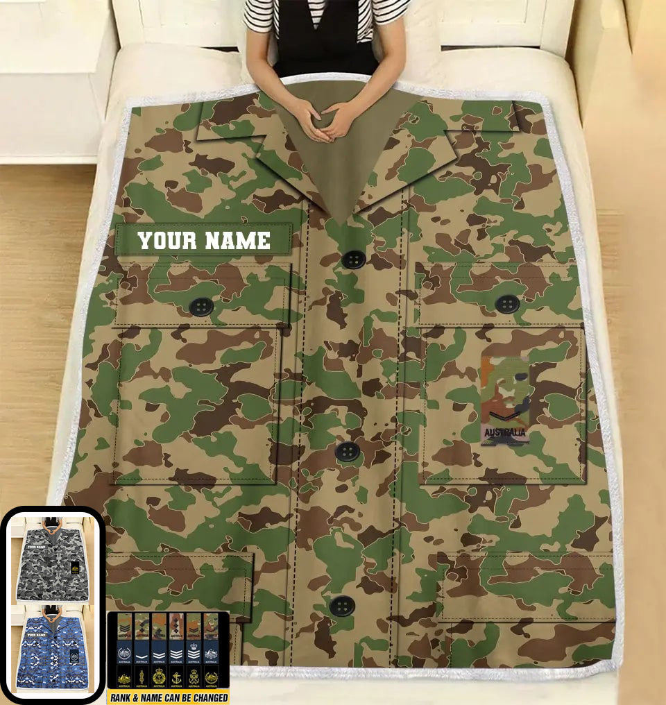 Personalisierte Fleecedecke für australische Soldaten/Veteranen im Camouflage-Muster mit Namen und Rang, 3D-Druck – 2508230002