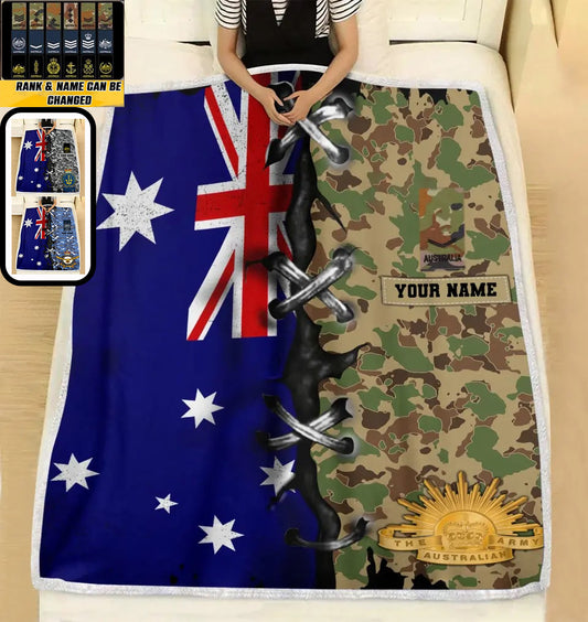 Couverture polaire personnalisée avec motif camouflage soldat/vétéran australien avec nom et grade, imprimée en 3D - 2908230002