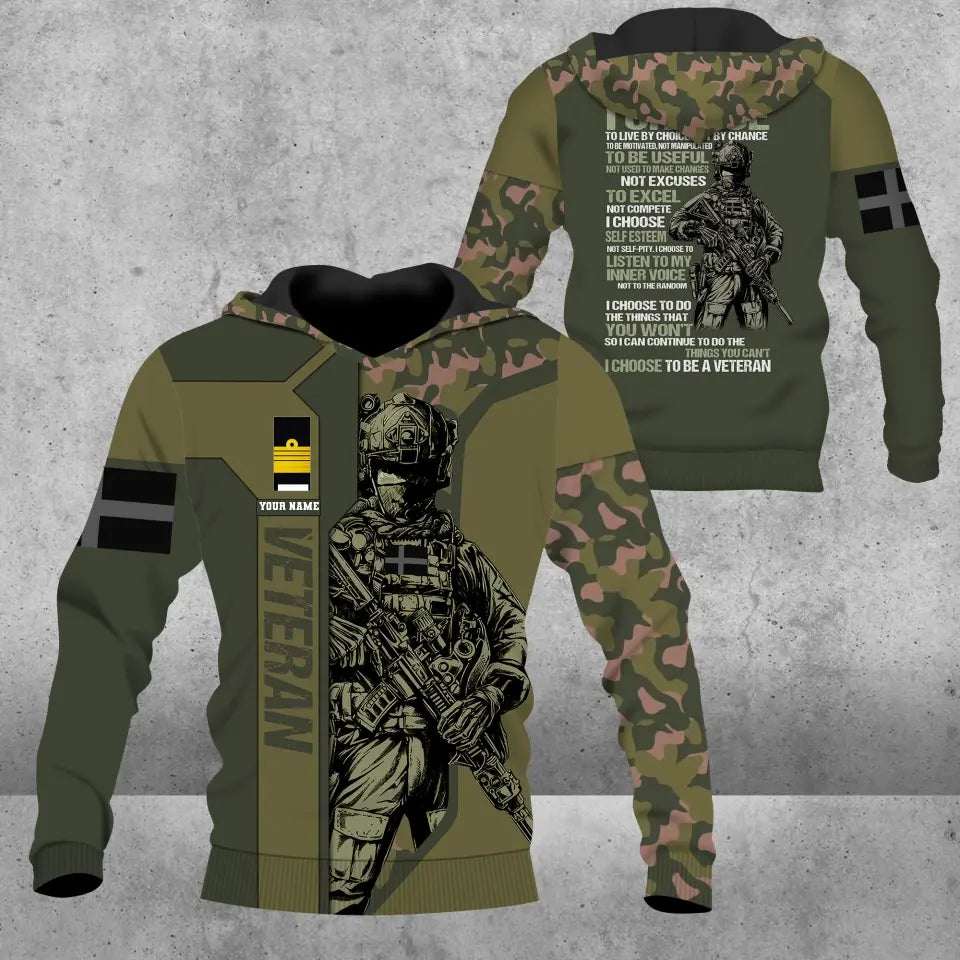 Personalisierter Kapuzenpullover mit 3D-Druck für schwedische Soldaten/Veteranen im Camouflage-Muster mit Namen und Rang – 16932672