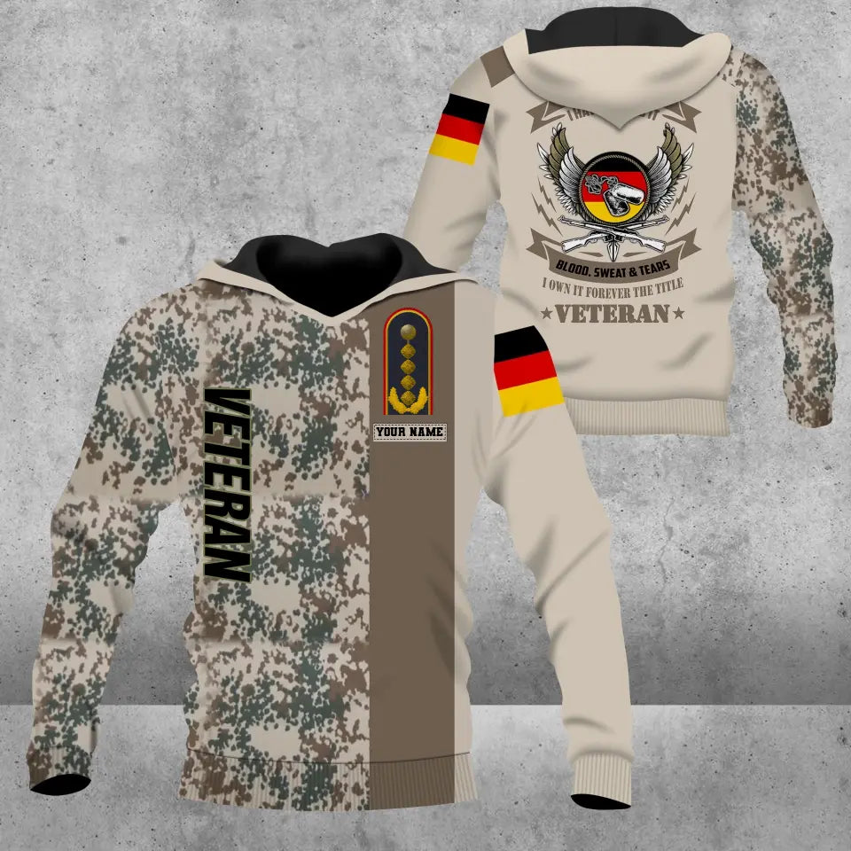 Personalisierter Kapuzenpullover mit Camouflage-Muster für deutsche Soldaten/Veteranen mit Namen und Rang, 3D-Druck – 0509230001