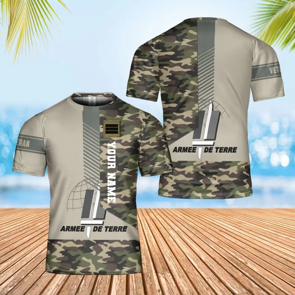 T-shirt personnalisé avec camouflage soldat/vétéran de la France avec nom et grade imprimé en 3D - 0102240002