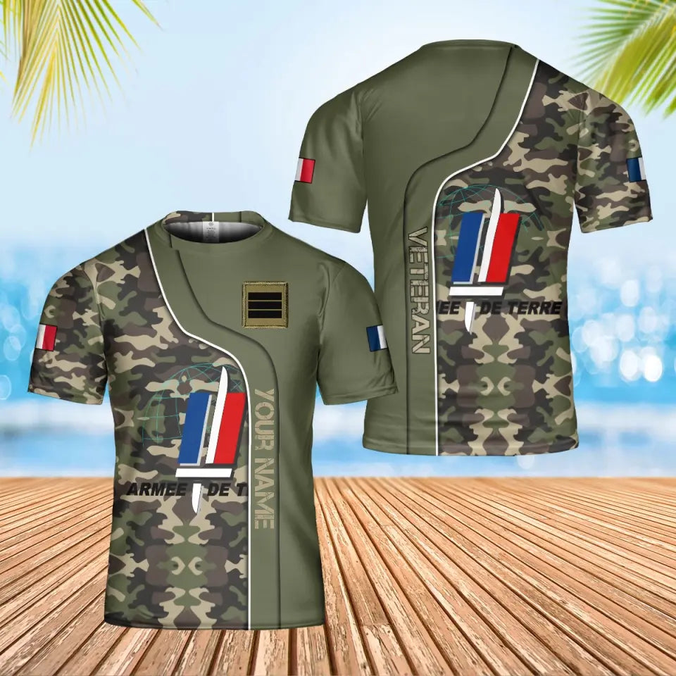 Personalisiertes T-Shirt mit französischem Soldaten-/Veteranen-Tarnmuster mit Namen und Rang, 3D-Druck – 0602240001