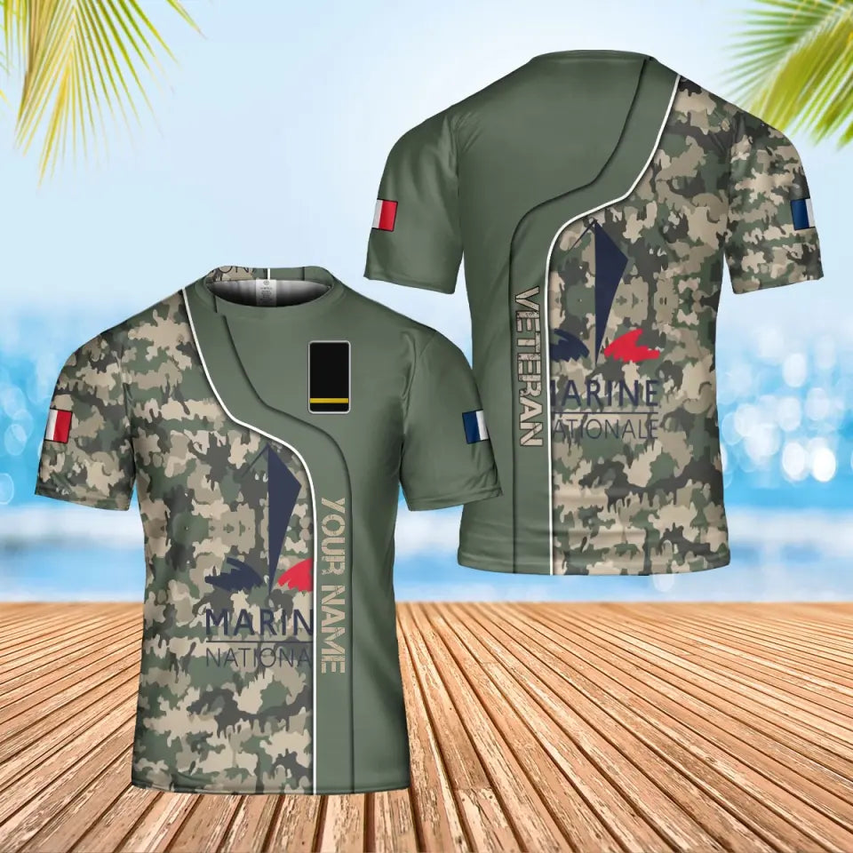 T-shirt personnalisé avec camouflage soldat/vétéran de la France avec nom et grade imprimé en 3D - 0602240001