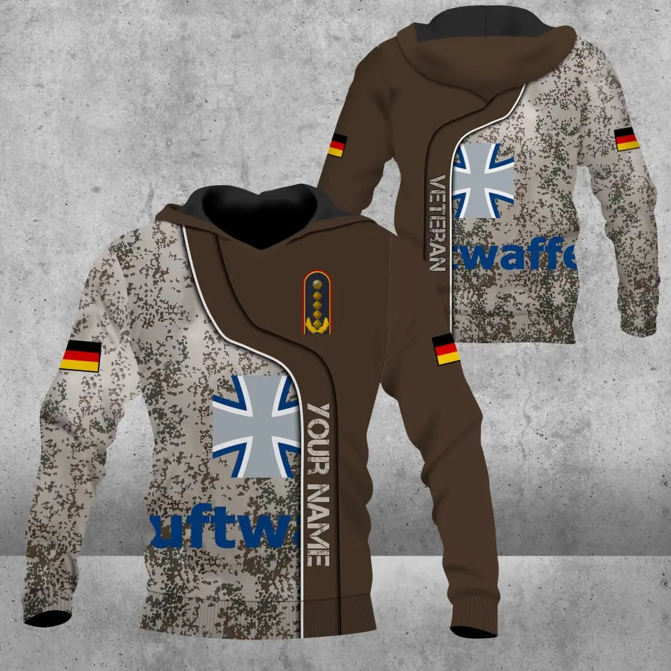 Sweat à capuche personnalisé avec camouflage soldat/vétéran allemand avec nom et grade imprimé en 3D - 0809230001