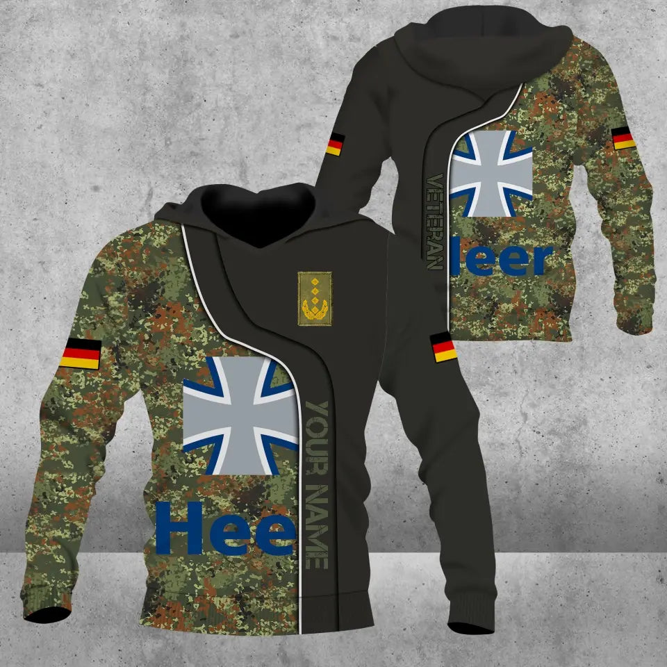 Sweat à capuche personnalisé avec camouflage soldat/vétéran allemand avec nom et grade imprimé en 3D - 0809230001