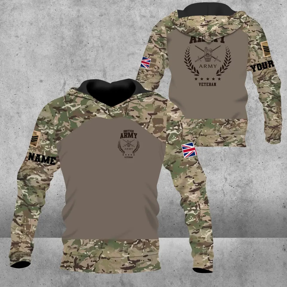 Sweat à capuche personnalisé avec camouflage soldat/vétéran britannique avec nom et grade imprimé en 3D - 1809230001