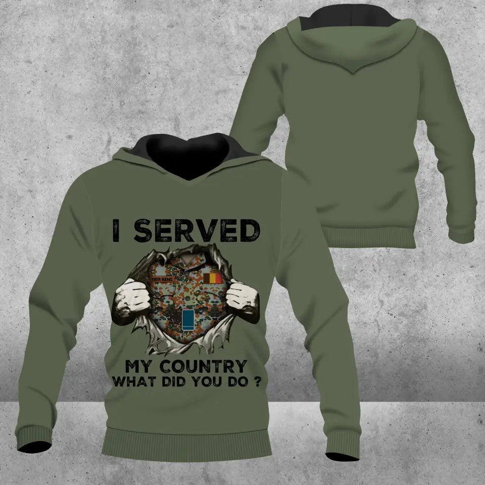 Personalisierter Kapuzenpullover mit 3D-Druck für belgische Soldaten/Veteranen im Camouflage-Muster mit Namen und Rang – 2509230001