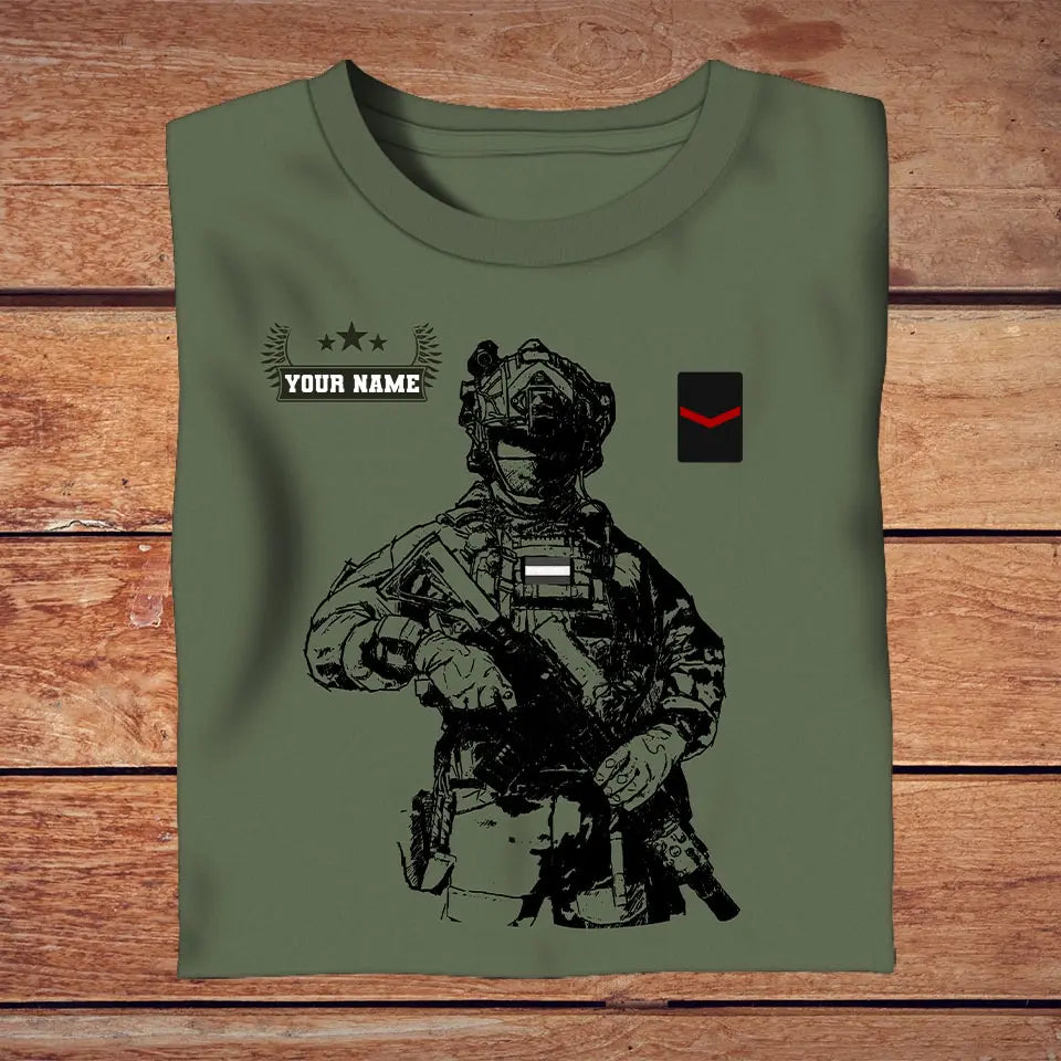 Personalisiertes T-Shirt mit 3D-Druck für niederländische Soldaten/Veteranen im Camouflage-Muster mit Namen und Rang – 2709230001