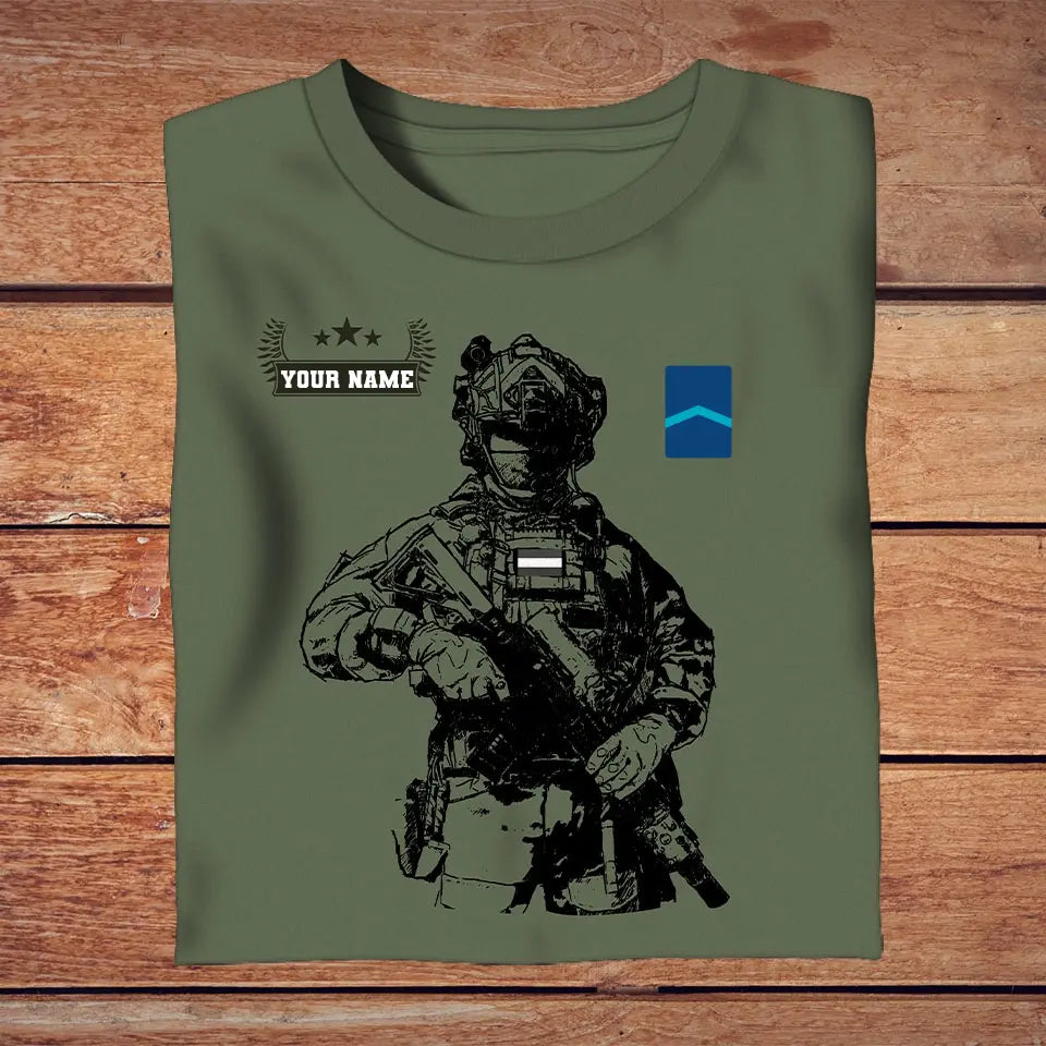 Personalisiertes T-Shirt mit 3D-Druck für niederländische Soldaten/Veteranen im Camouflage-Muster mit Namen und Rang – 2709230001