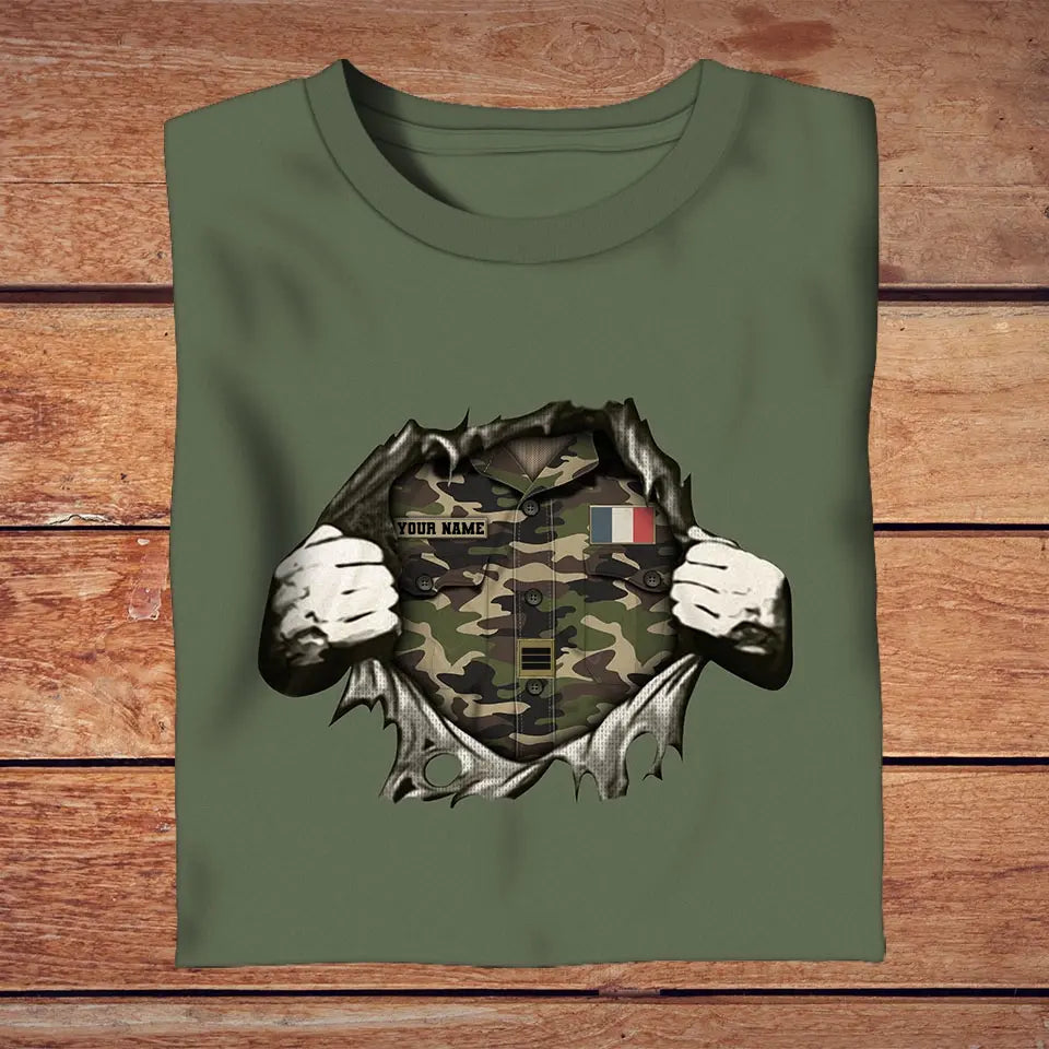 Personalisiertes T-Shirt mit französischem Soldaten/Veteranen-Tarnmuster mit Namen und Rang, 3D-Druck – 2809230001