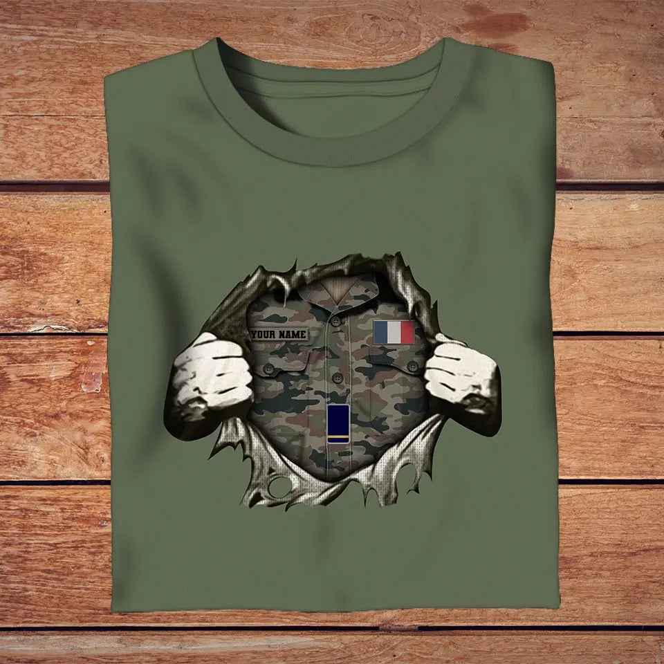 Personalisiertes T-Shirt mit französischem Soldaten/Veteranen-Tarnmuster mit Namen und Rang, 3D-Druck – 2809230001