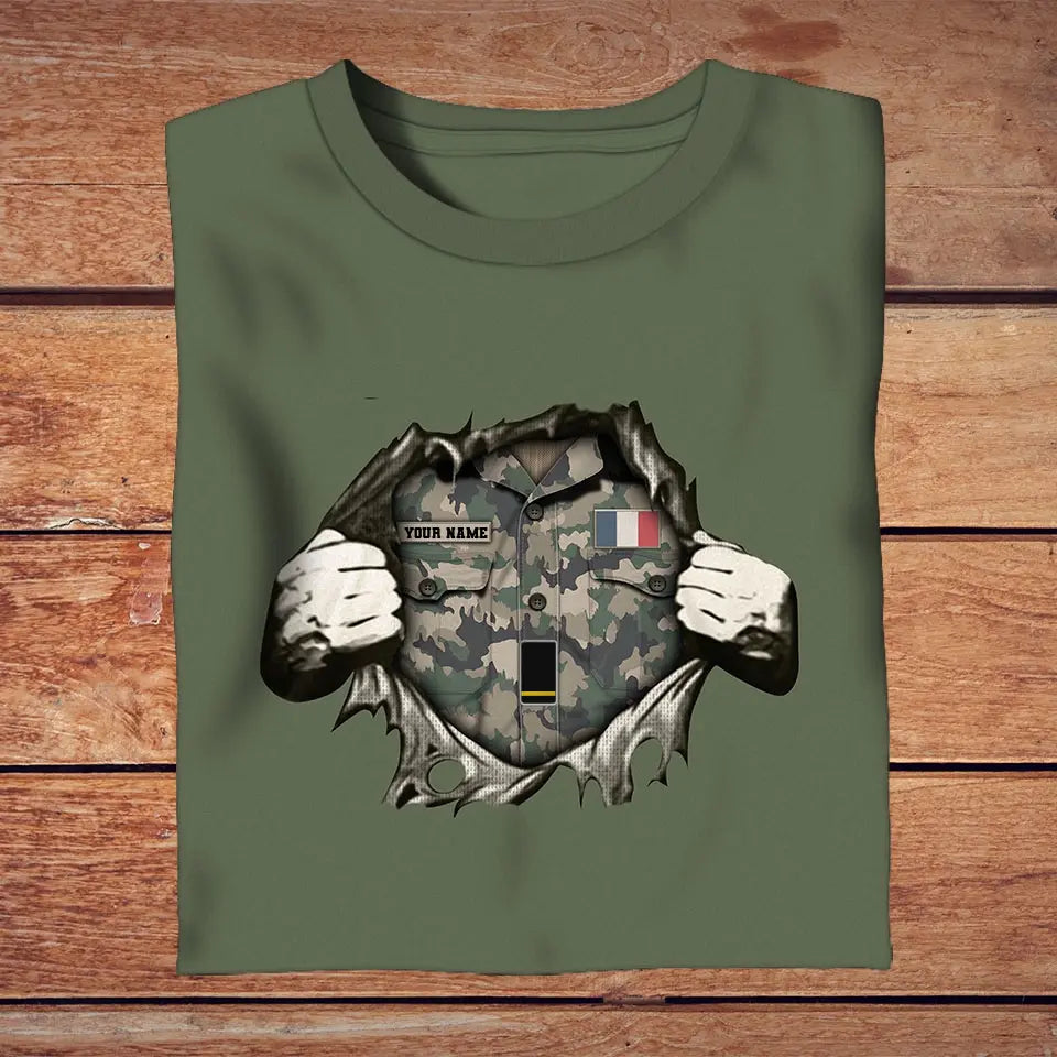 Personalisiertes T-Shirt mit französischem Soldaten/Veteranen-Tarnmuster mit Namen und Rang, 3D-Druck – 2809230001