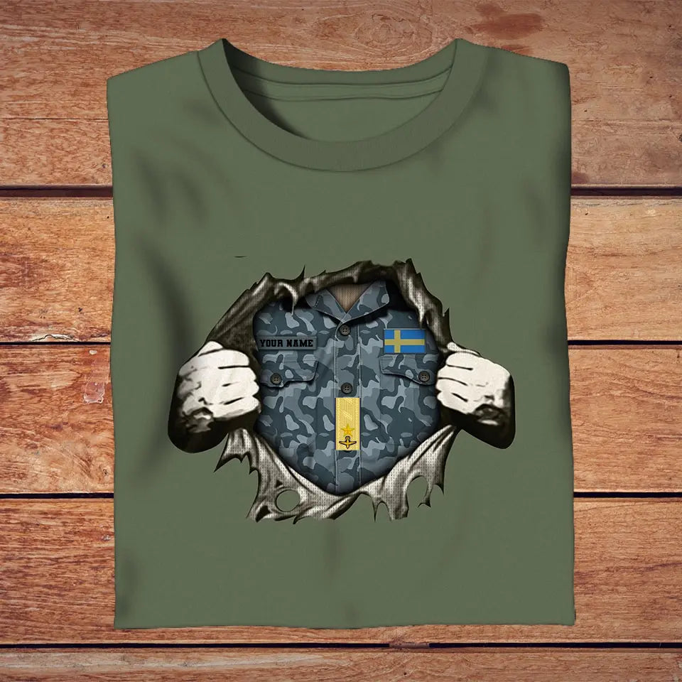 Personalisiertes T-Shirt mit schwedischem Soldaten-/Veteranen-Tarnmuster mit Namen und Rang, 3D-Druck – 2809230001