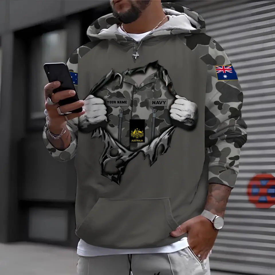 Sweat à capuche personnalisé avec camouflage soldat/vétéran australien avec nom et grade imprimé en 3D - 16962912