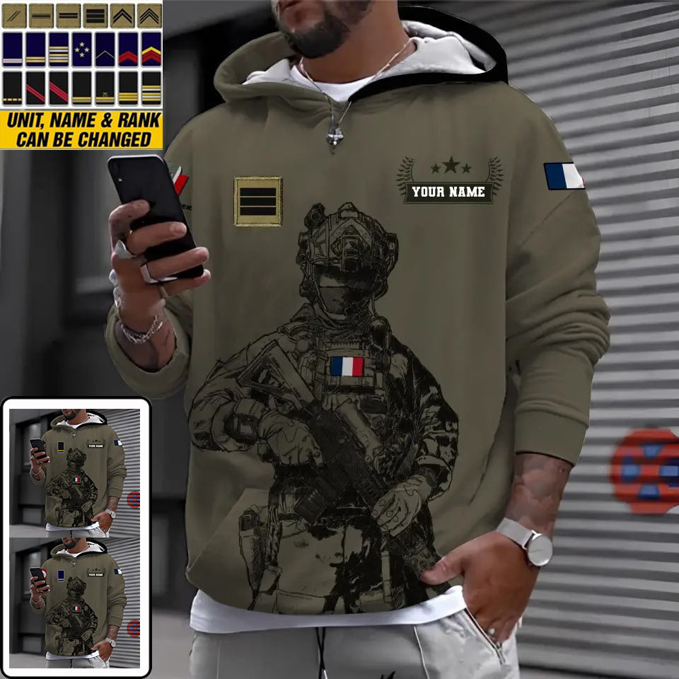 Personalisierter Kapuzenpullover mit Camouflage-Muster für französische Soldaten/Veteranen mit Namen und Rang, 3D-Druck – 1696291203