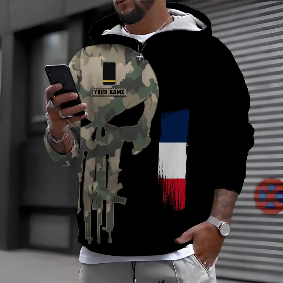 Personalisierter Kapuzenpullover mit Camouflage-Muster für französische Soldaten/Veteranen mit Namen und Rang, 3D-Druck – 0310230008