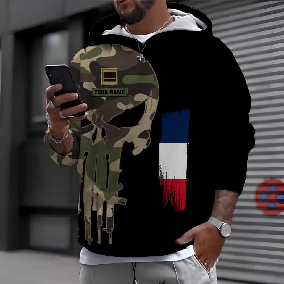 Sweat à capuche personnalisé avec camouflage soldat/vétéran de la France avec nom et grade imprimé en 3D - 0310230008