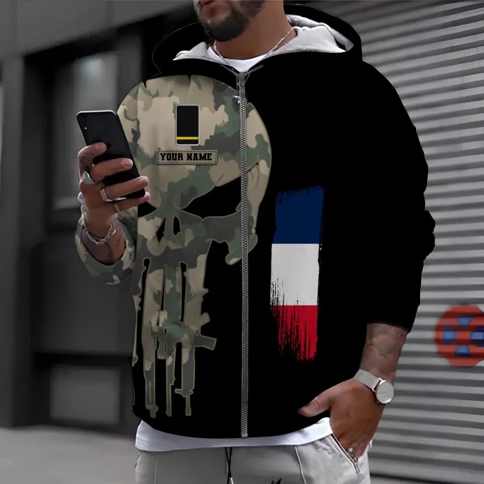 Sweat à capuche personnalisé avec camouflage soldat/vétéran de la France avec nom et grade imprimé en 3D - 0310230008