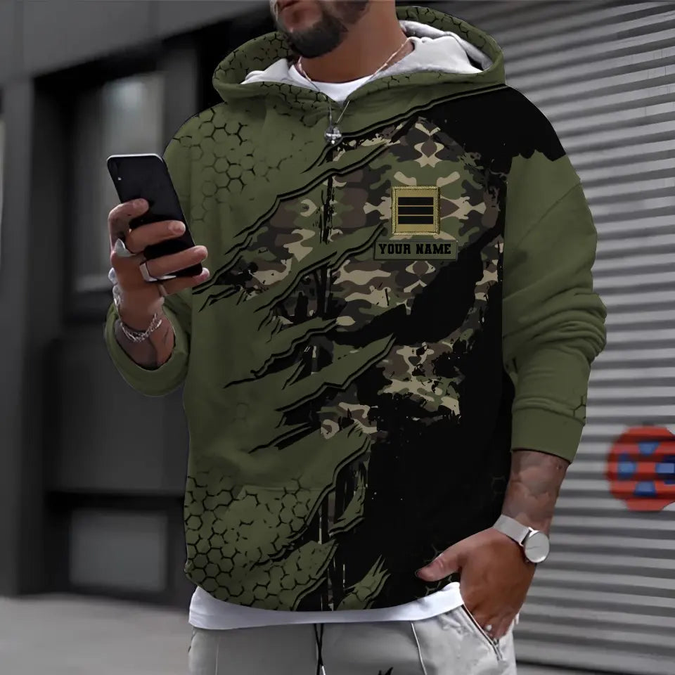 Personalisierter Kapuzenpullover mit Camouflage-Muster für französische Soldaten/Veteranen mit Namen und Rang, 3D-Druck – 0310230009