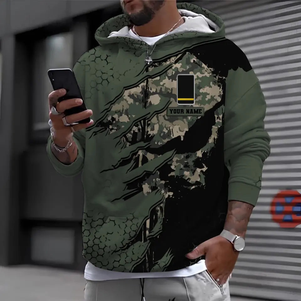 Sweat à capuche personnalisé avec camouflage soldat/vétéran de la France avec nom et grade imprimé en 3D - 0310230009