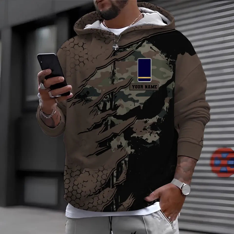 Sweat à capuche personnalisé avec camouflage soldat/vétéran de la France avec nom et grade imprimé en 3D - 0310230009