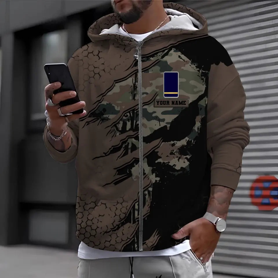 Sweat à capuche personnalisé avec camouflage soldat/vétéran de la France avec nom et grade imprimé en 3D - 0310230009