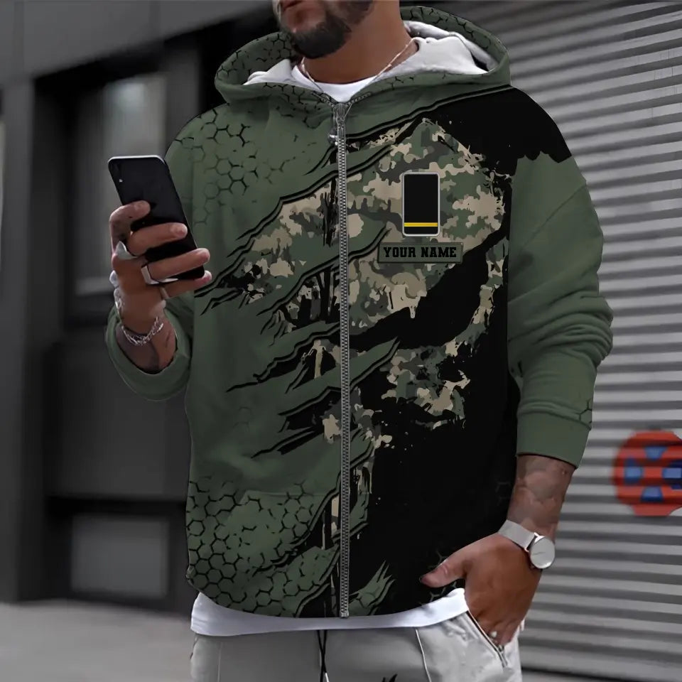 Sweat à capuche personnalisé avec camouflage soldat/vétéran de la France avec nom et grade imprimé en 3D - 0310230009