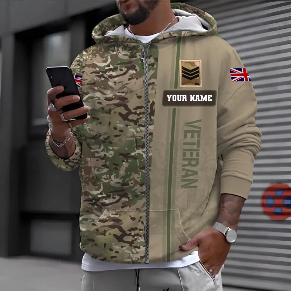 Sweat à capuche personnalisé avec camouflage soldat/vétéran britannique avec nom et grade imprimé en 3D - 0410230006