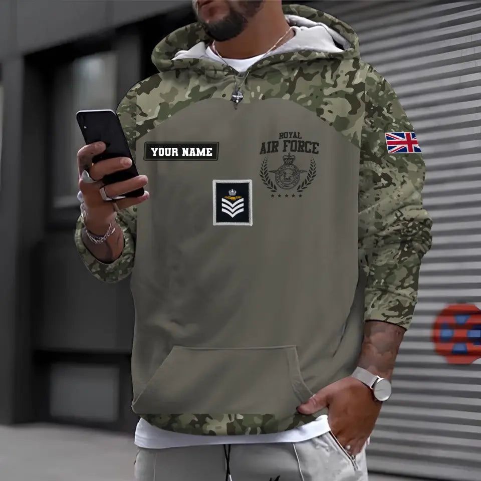 Sweat à capuche personnalisé avec camouflage soldat/vétéran britannique avec nom et grade imprimé en 3D - 0410230008