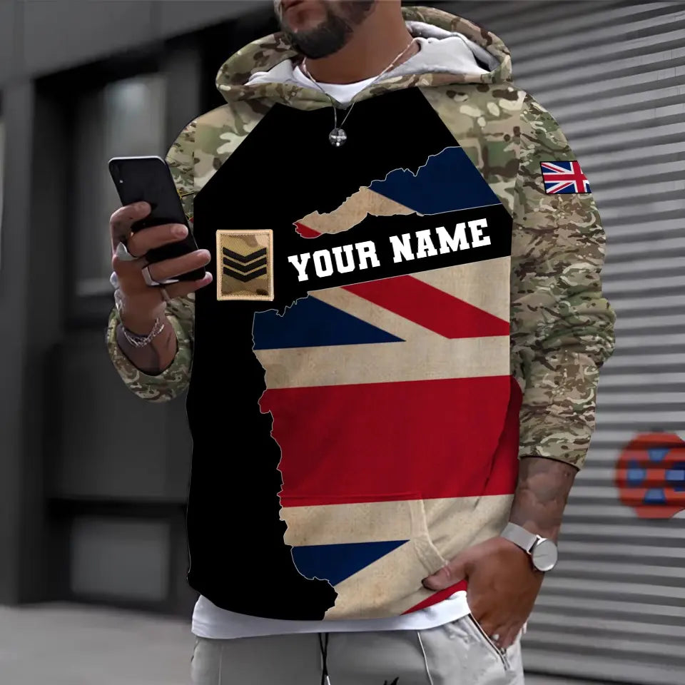 Sweat à capuche personnalisé avec camouflage soldat/vétéran britannique avec nom et grade imprimé en 3D - 04102300011