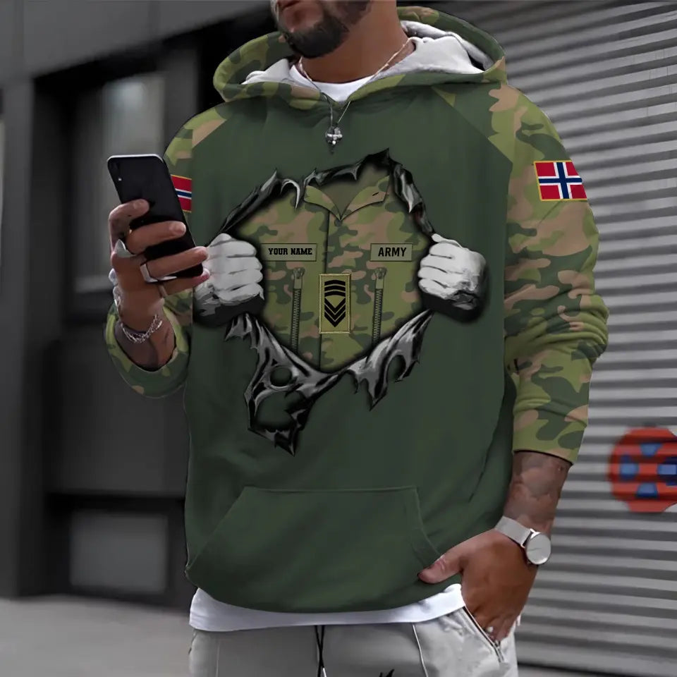 Personalisierter Kapuzenpullover mit Camouflage-Muster für norwegische Soldaten/Veteranen mit Namen und Rang – 0310230003