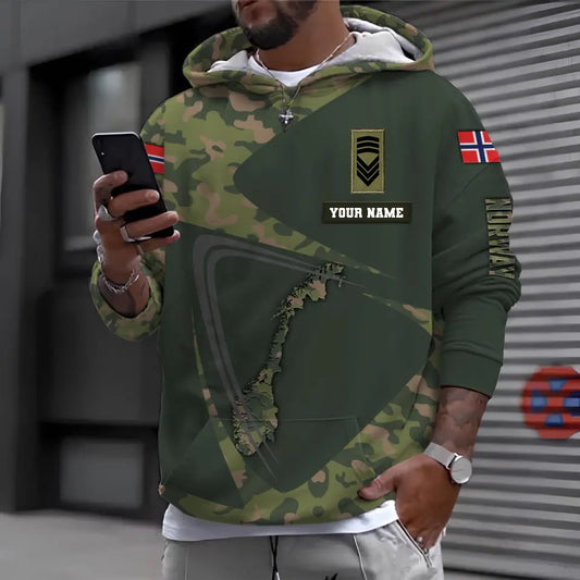 Personalisierter Kapuzenpullover mit Camouflage-Muster für norwegische Soldaten/Veteranen mit Namen und Rang – 0310230007