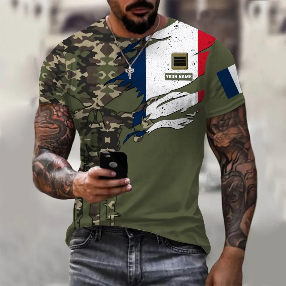 T-shirt personnalisé avec nom et grade de soldat/vétéran de la France imprimé en 3D - 0310230001