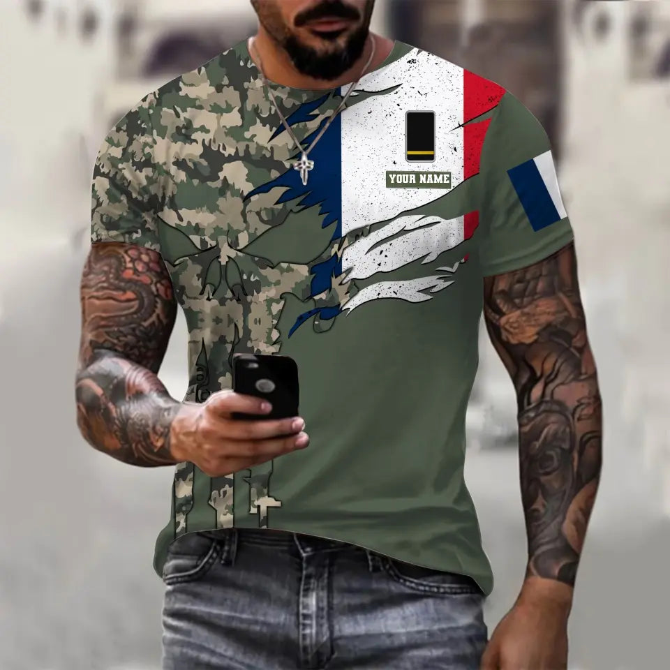 Personalisiertes T-Shirt mit französischem Soldaten-/Veteranen-Tarnmuster mit Namen und Rang, 3D-Druck – 0310230001