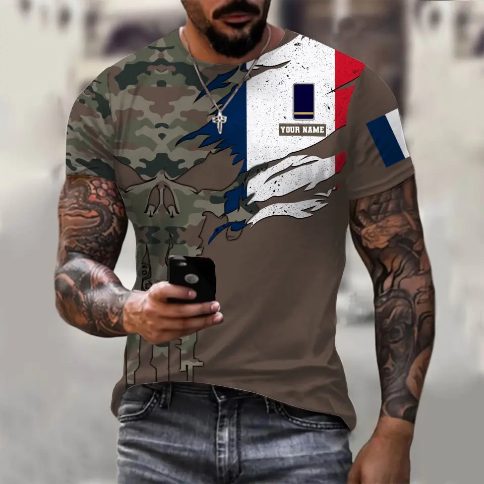 Personalisiertes T-Shirt mit französischem Soldaten-/Veteranen-Tarnmuster mit Namen und Rang, 3D-Druck – 0310230001