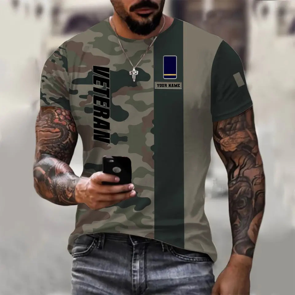 Personalisiertes T-Shirt mit französischem Soldaten-/Veteranen-Tarnmuster mit Namen und Rang, 3D-Druck – 0310230003