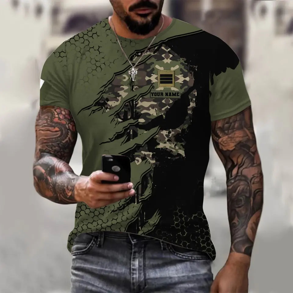 Personalisiertes T-Shirt mit französischem Soldaten-/Veteranen-Tarnmuster mit Namen und Rang, 3D-Druck – 0310230009