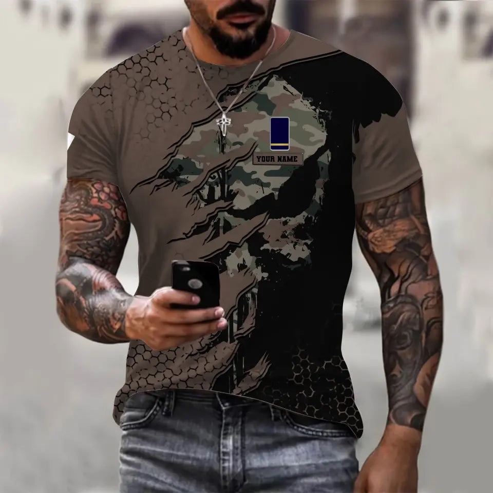 T-shirt personnalisé avec camouflage soldat/vétéran de la France avec nom et grade imprimé en 3D - 0310230009